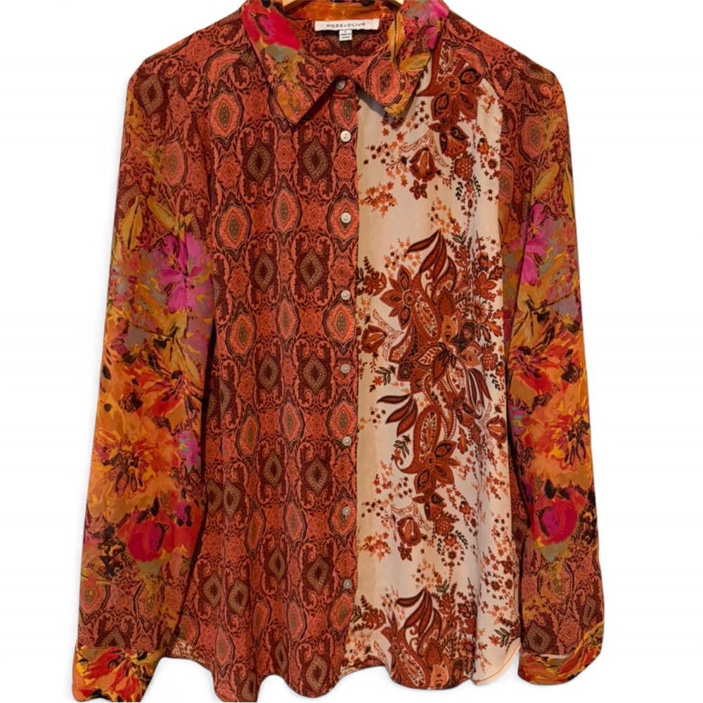 Rose + Olive Floral Button Up Shirt Blouse - Large